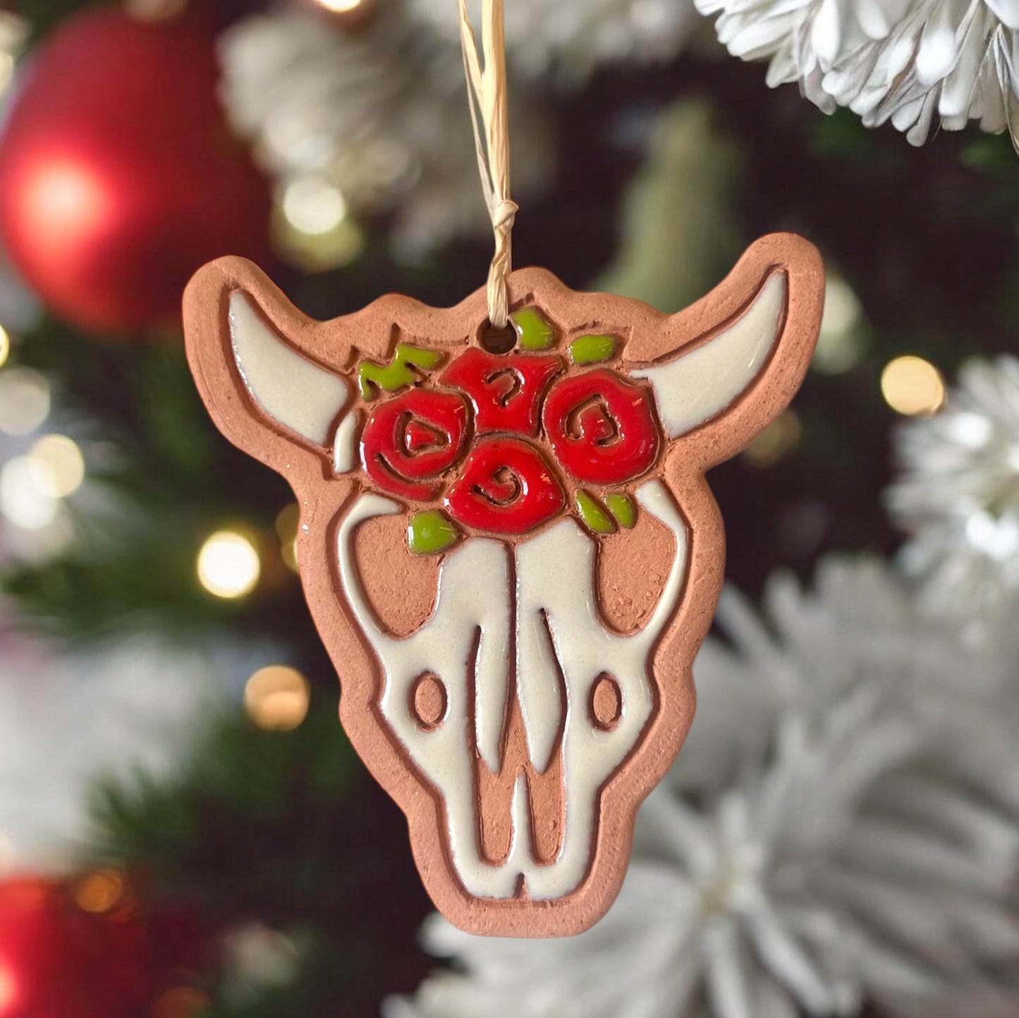 Cow Skull with Roses Ornament