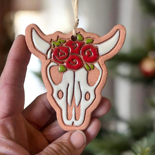 Cow Skull with Roses Ornament